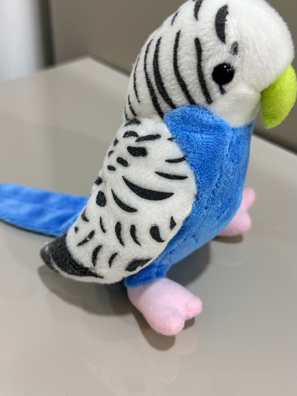 Fiesta Blue and White Budgie Plush with Pink Feet and Lime Beak